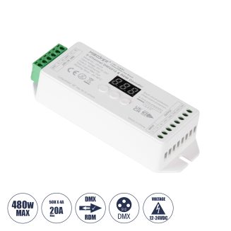 GloboStar® 71426 D5-CX DC DMX & RDM Dimmer High Speed Controller / Decoder 5 Καναλιών DC 12-24V 5 x 4A 96W - Max 20A 480W - IP20 DMX512 Μ13 x Π5 x Υ2.5cm - 5 Years Warranty