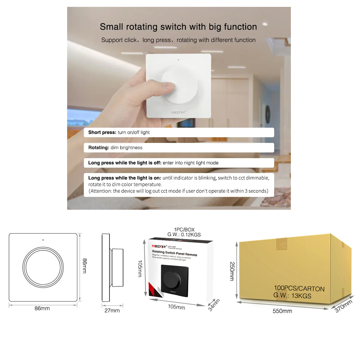 GloboStar® 71443 K1 Ασύρματο Επιτοίχιο Χειριστήριο Dimmer 2.4Ghz 1 Group για όλα τα Controller Μονόχρωμα Mi Light & Mi Boxer DC 3V 1 x CR2032 - IP20 Λευκό Μ8.5 x Π8.5 x Υ2.5cm - 5 Years Warranty - Image 8