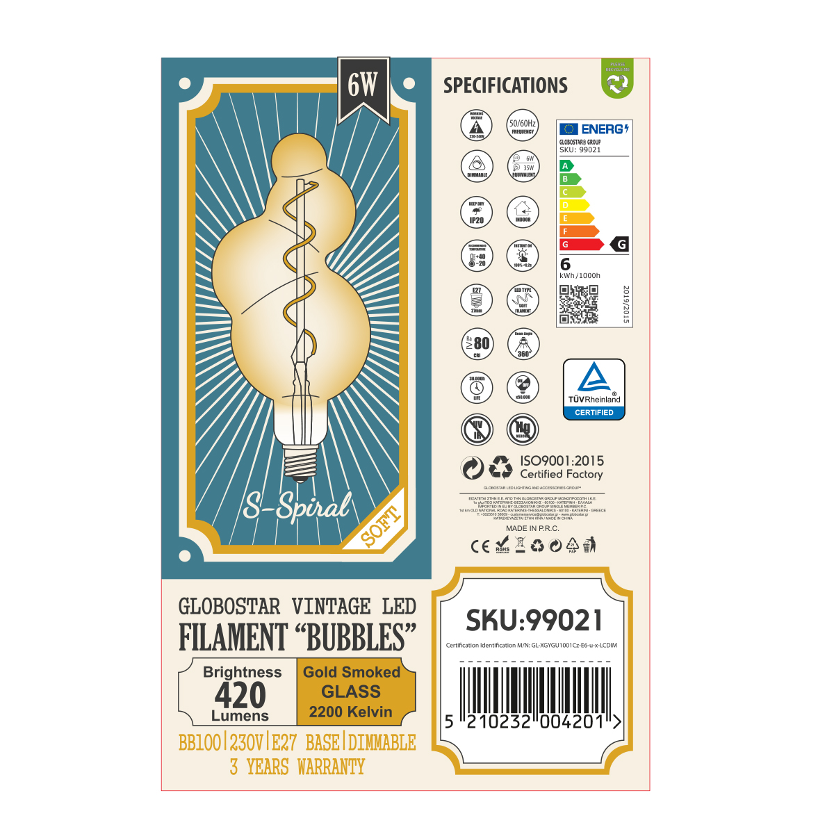 GloboStar® 99021 Λάμπα LED Soft S Spiral Filament E27 BB100 BUBBLES Γλόμπος 6W 420lm 360° AC 220-240V IP20 Φ10 x Υ24cm Ultra Θερμό Λευκό 2200K με Μελί Γυαλί - Dimmable - 3 Years Warranty - Image 6