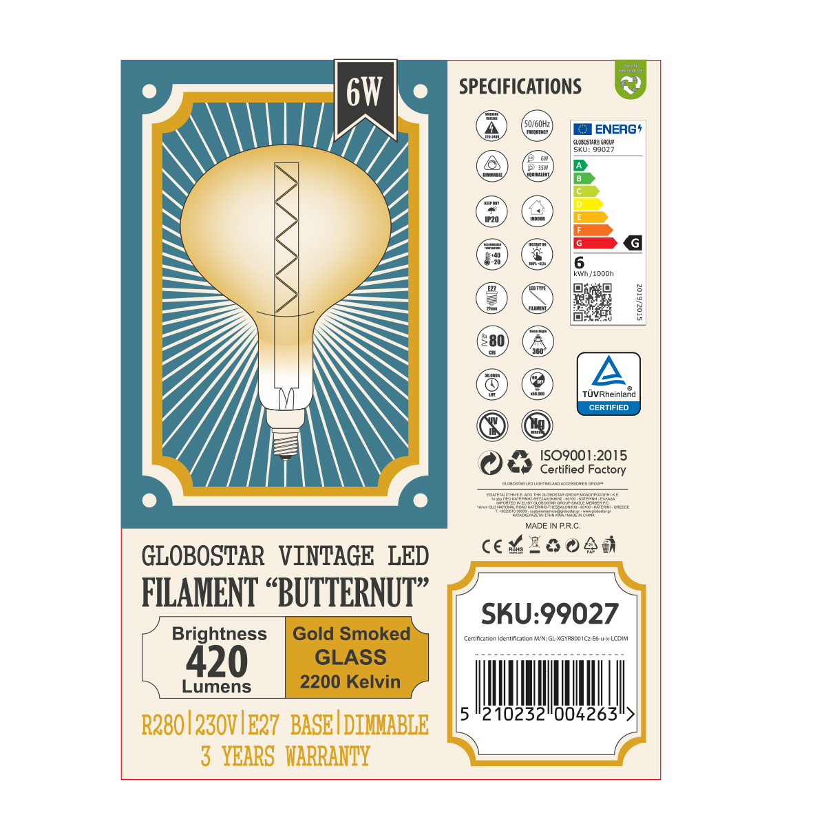 GloboStar® 99027 Λάμπα LED Zig Long Filament E27 R280 BUTTERNUT Γλόμπος 6W 420lm 360° AC 220-240V IP20 Φ28 x Υ41cm Ultra Θερμό Λευκό 2200K με Μελί Γυαλί - Dimmable - 3 Years Warranty - Image 6