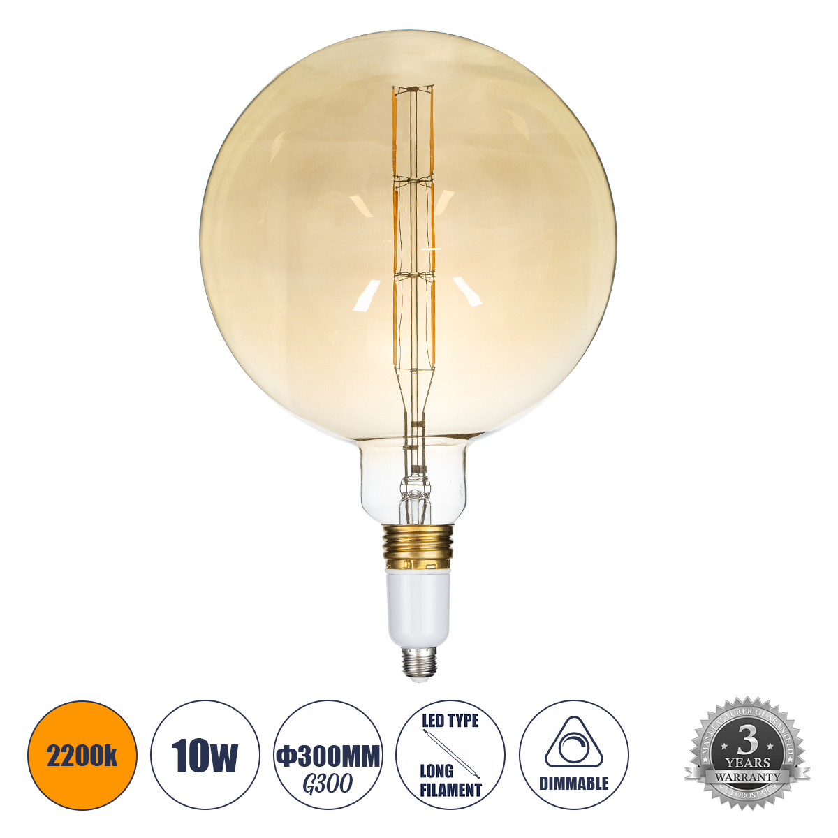 GloboStar® 99029 Λάμπα LED LONG Filament E27 G300 BULETTE Γλόμπος 10W 800lm 360° AC 220-240V IP20 Φ30 x Υ49cm Ultra Θερμό Λευκό 2200K με Μελί Γυαλί - Dimmable - 3 Years Warranty - The Bigger Bulb in Greece