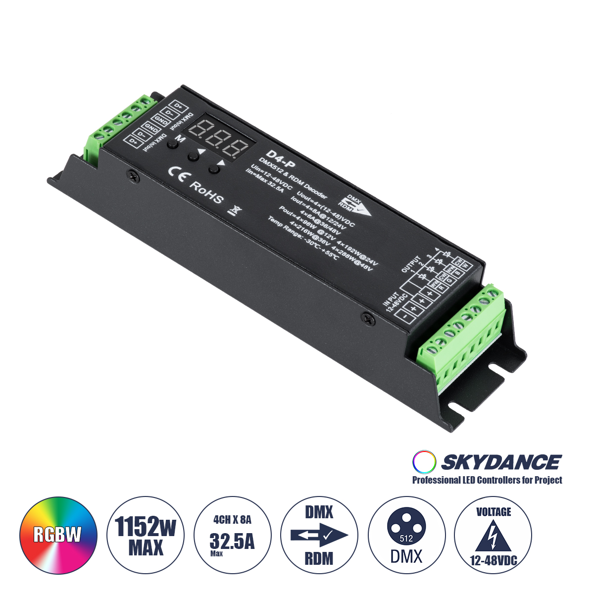 GloboStar® 70699 D4-P SKYDANCE DC DMX & RDM Dimmer High Speed Controller / Decoder 4 Καναλιών DC 12-48V 4 x 8A 384W - Max 32.5A 1152W - IP20 Μ17.5 x Π4.5 x Υ2.8cm - 5 Years Warranty