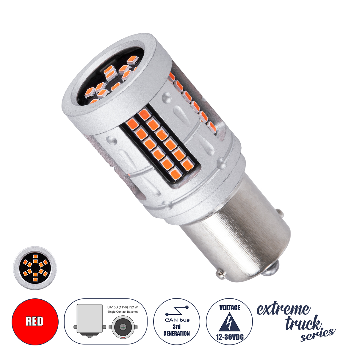 GloboStar® 81277 Λάμπα Αυτοκινήτου & Φορτηγού LED 1156 - BA15S - P21W 3rd Generation Can-Bus Extreme Truck Series 72xSMD3030 7W 840lm 360° DC 12-36V IP20 Φ2 x Υ5cm Κόκκινο