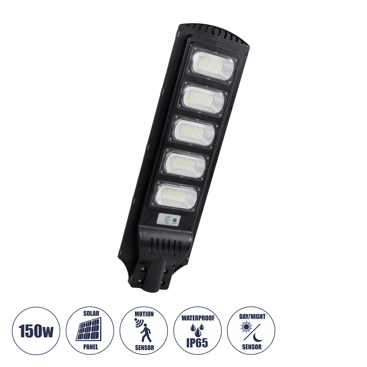 GloboStar® STREETA 85345 Professional LED Solar Street Light Αυτόνομο Ηλιακό Φωτιστικό Δρόμου 150W 1500lm 240 x LED SMD 5730 με Ενσωματωμένο Φωτοβολταϊκό Panel 6V 18W & Επαναφορτιζόμενη Μπαταρία Li-ion 3.2V 20000mAh με Αισθητήρα Ημέρας-Νύχτας & PIR Αισθητήρα Κίνησης - Αδιάβροχο IP65 - Ψυχρό Λευκό 6000K - Μ25 x Π6 x Υ83cm - 2 Years Warranty