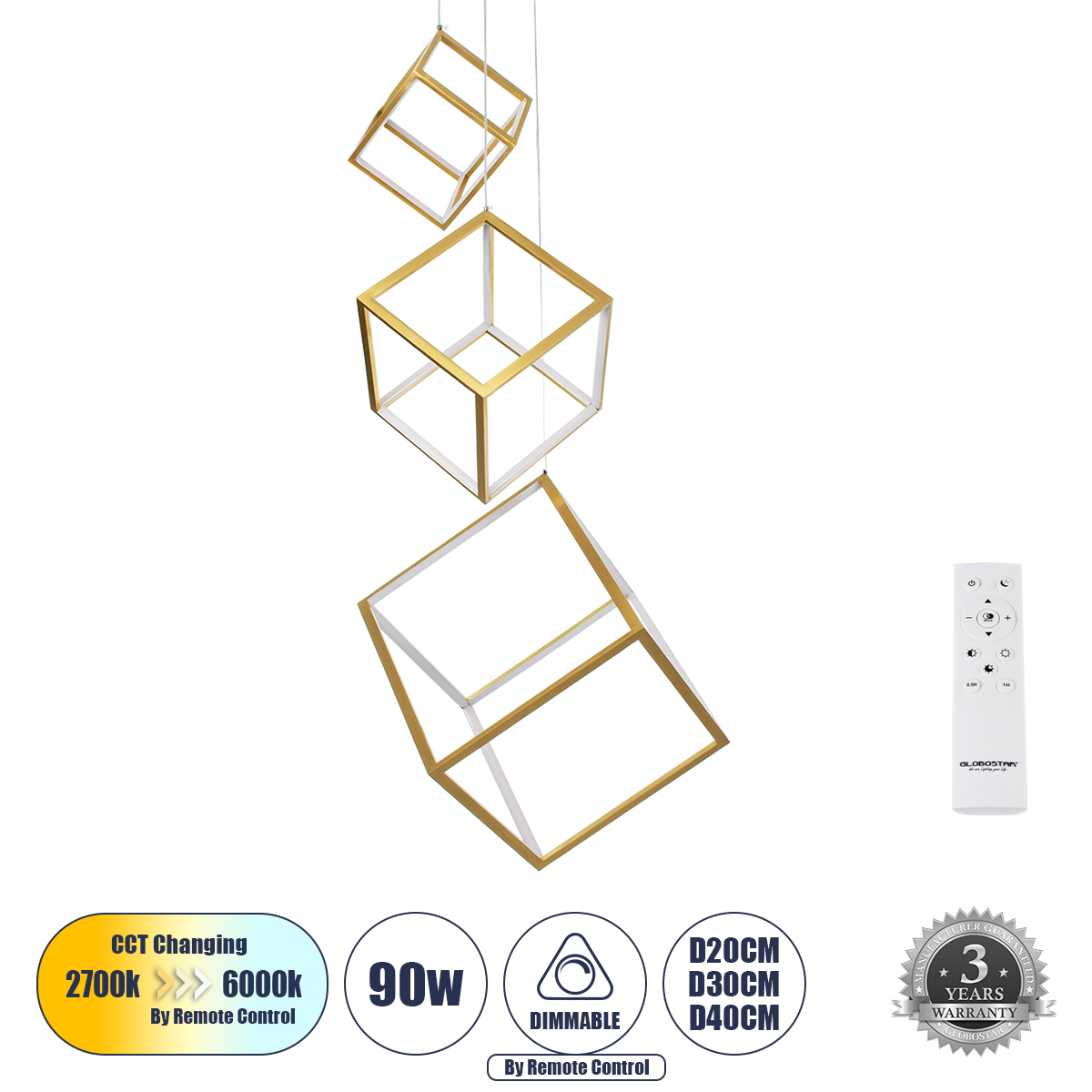 GloboStar® KIBOO-TRIO 60932 Κρεμαστό Φωτιστικό Οροφής Design LED CCT 90W 10350lm 360° AC 220-240V - Εναλλαγή Φωτισμού μέσω Τηλεχειριστηρίου All In One Ψυχρό 6000k+Φυσικό 4500k+Θερμό 2700k Dimmable Μ60 x Π60 x Υ80cm - Χρυσό Πλατίνα - 3 Years Warranty - Image 2