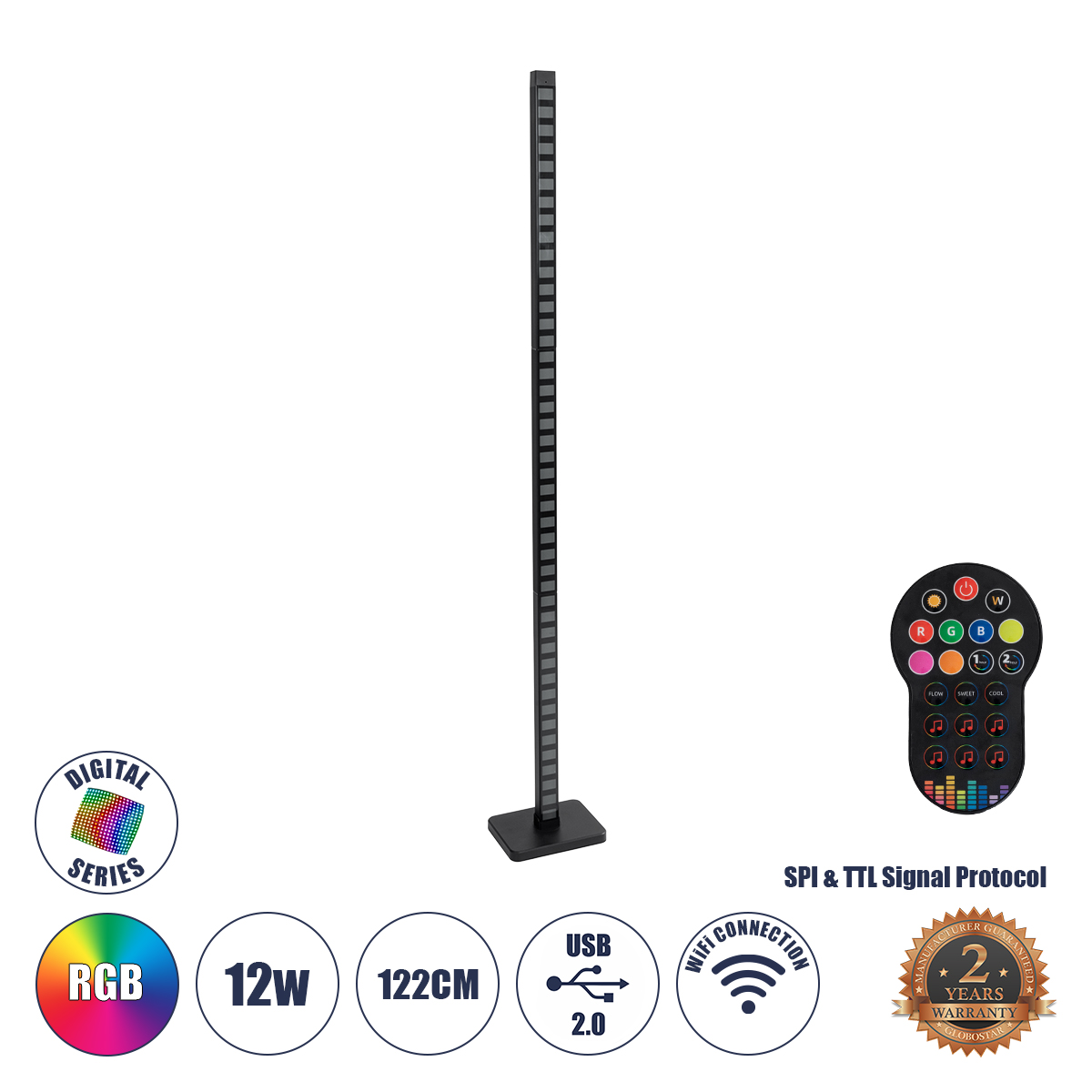GloboStar® DIGICOLUMN 90762 Μοντέρνο Επιδαπέδιο Φωτιστικό Γραφείου Rhythm Music Bar LED 12W 960lm 90° DC 5V με USB 2.0 IP20 - Εναλλαγή Φωτισμού μέσω Τηλεχειριστηρίου - Πολύχρωμο RGB - Dimmable - Μαύρο - Μ3.4 x Π2.5 x Υ122cm - 2 Χρόνια Εγγύηση