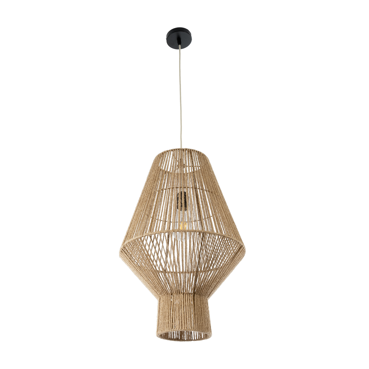 GloboStar® CAYMAN 01853 Boho Κρεμαστό Φωτιστικό Οροφής Μονόφωτο 1 x E27 AC220-240V IP20 - Φ40 x Υ60cm - Μπεζ Λεπτό Σχοινί Τριχιά Πλέγμα - 5 Χρόνια Εγγύηση - Image 4