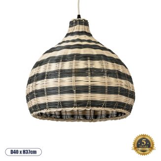 GloboStar® JAMAICA 01954 Boho Κρεμαστό Φωτιστικό Οροφής Μονόφωτο 1 x E27 AC220-240V IP20 - Φ40 x Υ37cm - Μπεζ - Χακί Ξύλινο Πλέγμα Καμπάνα - 5 Χρόνια Εγγύηση