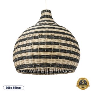 GloboStar® JAMAICA 01955 Boho Κρεμαστό Φωτιστικό Οροφής Μονόφωτο 1 x E27 AC220-240V IP20 - Φ60 x Υ60cm - Μπεζ - Χακί Ξύλινο Πλέγμα Καμπάνα - 5 Χρόνια Εγγύηση