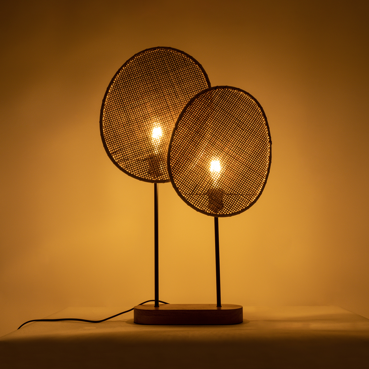 GloboStar® AZUL 02231 Boho Επιτραπέζιο Φωτιστικό Διφωτο 2 x E27 AC220-240V IP20 - Μ45 x Π11 x Υ75cm - Μπεζ Ξύλινο με Μαύρο Μεταλλικό και Μπεζ Ξύλινο Πλέγμα - 5 Χρόνια Εγγύηση - Image 3