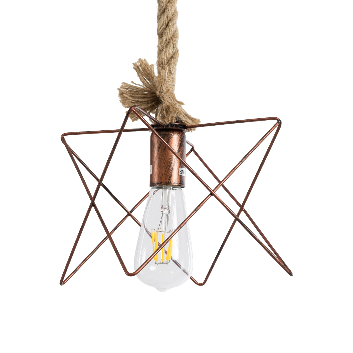 GloboStar® KAZEMI 02019 Μοντέρνο Κρεμαστό Φωτιστικό Οροφής Μονόφωτο 1 x E27 AC220-240V IP20 - Μ18 x Π18 x Υ17cm - Χάλκινο Μεταλλικό με Μπεζ Σχοινί Πλέγμα - 5 Χρόνια Εγγύηση - Image 2