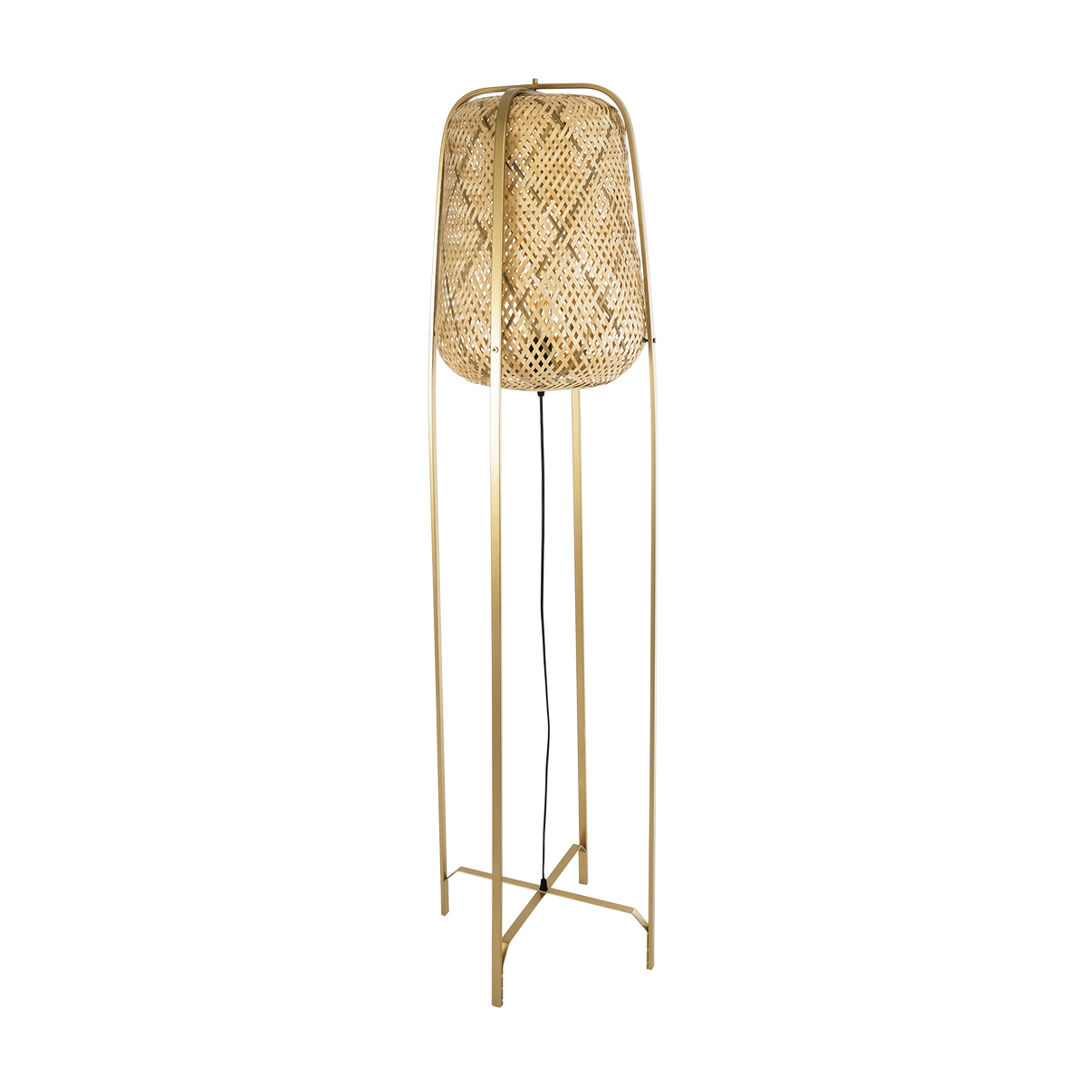 GloboStar® MEILANI 02301 Boho Επιδαπέδιο Φωτιστικό Μονόφωτο 1 x E27 AC220-240V IP20 - Φ40 x Υ150cm - Χρυσό Μεταλλικό με Μπεζ Ξύλινο Ρατάν Πλέγμα - 5 Χρόνια Εγγύηση - Image 4