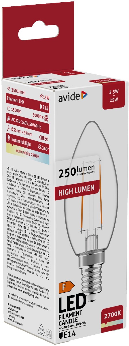 Avide LED Filament Κερί 2.5W E14 360° Θερμό 2700K Υψηλής Φωτεινότητας