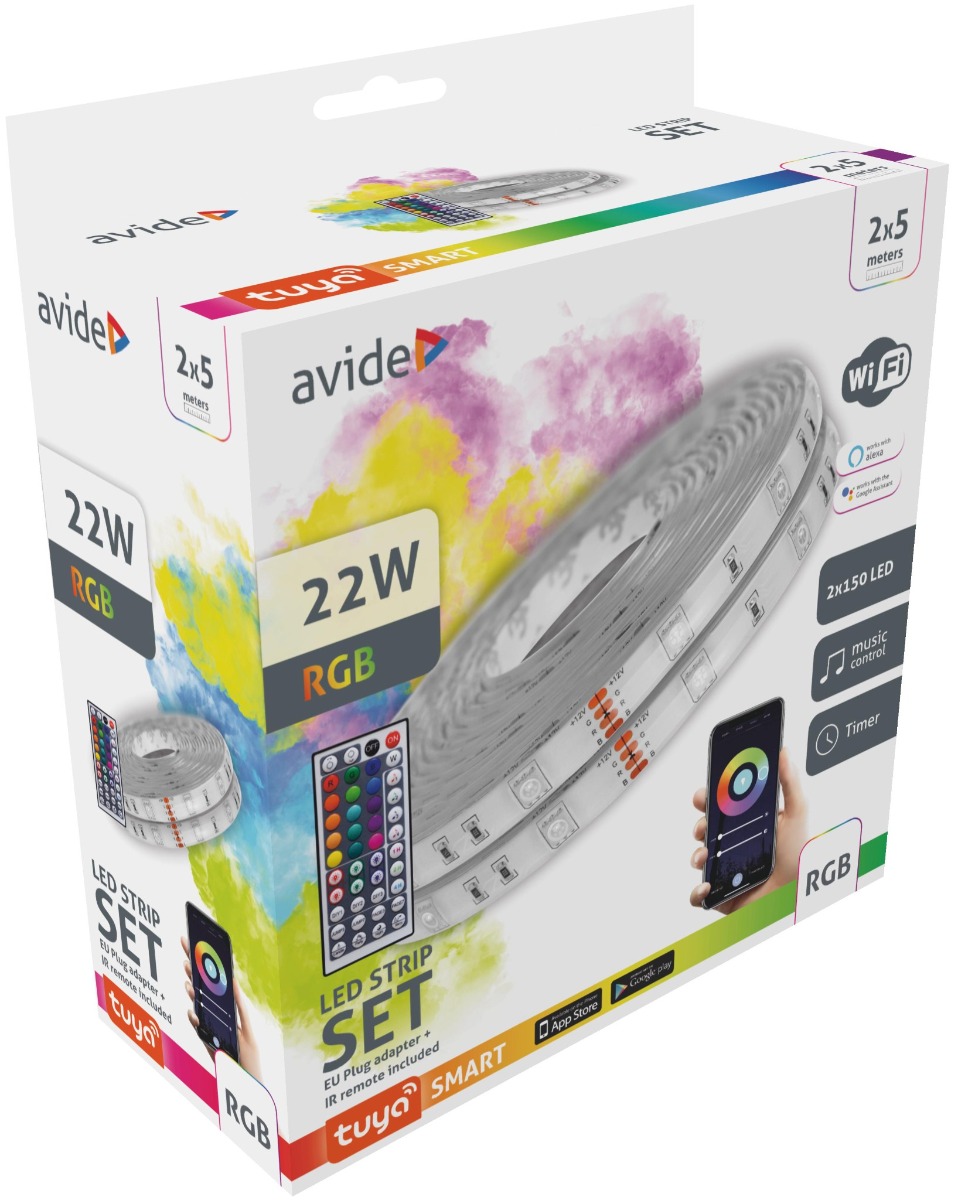 Avide LED Strip Blister 12V 22W RGB 2x5m TUYA - Music control + IR remote