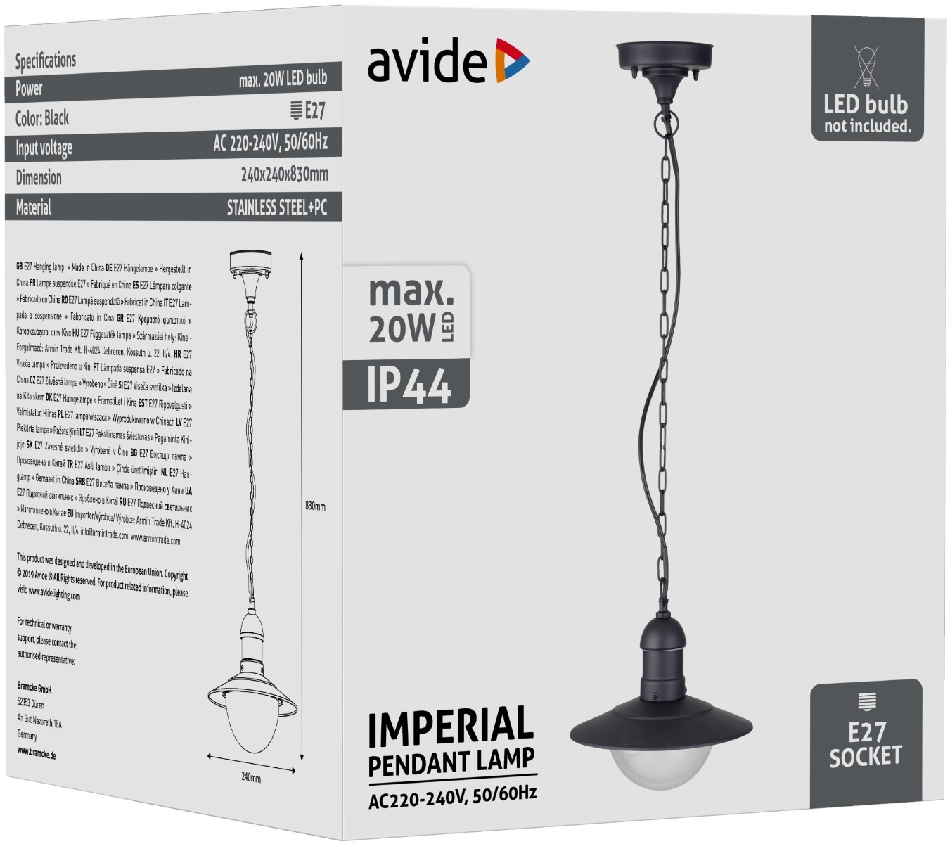 Avide Εξωτερικό Φωτιστικό Οροφής Imperial 1xE27 IP44 Μαύρο