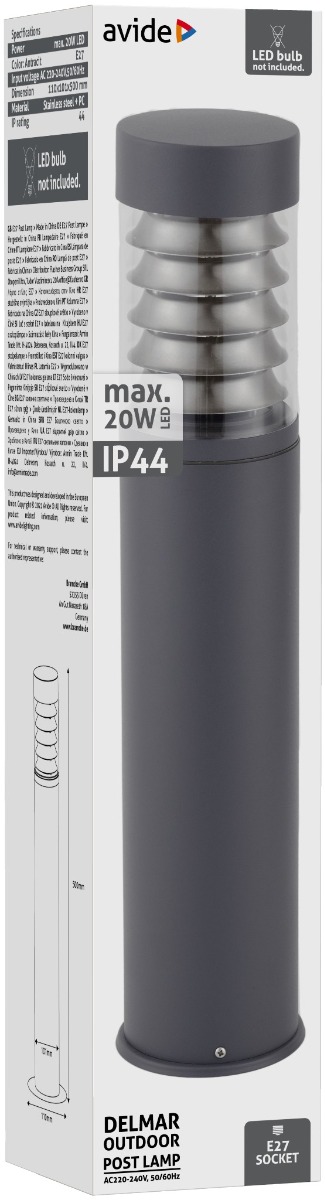 Avide Εξωτερικό Φωτιστικό Κήπου Delmar 1xE27 500mm IP44 Ανθρακί