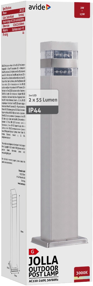 Avide Outdoor Post Lamp Jolla LED 2W WW 500mm IP44 Satin Nickel