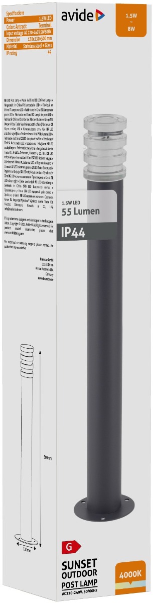 Avide Outdoor Post Lamp Sunset LED 1.5W NW 500mm IP44 Antracit