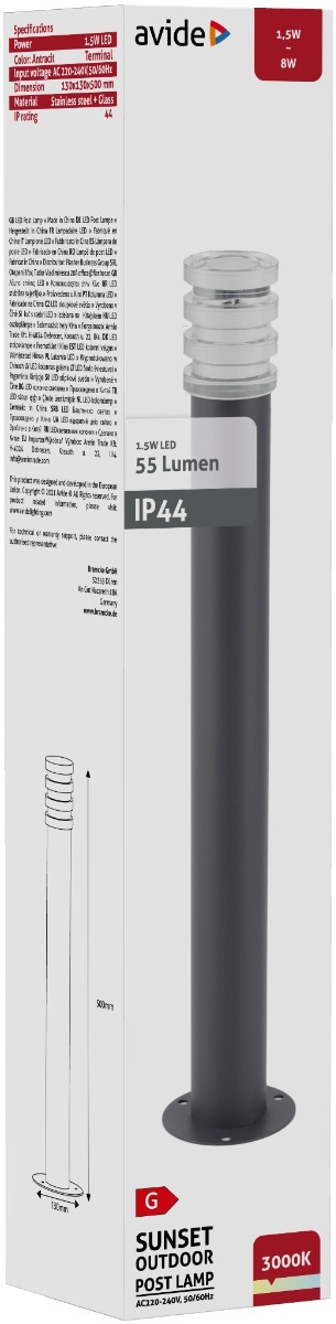 Avide Outdoor Post Lamp Sunset LED 1.5W WW 500mm IP44 Antracit