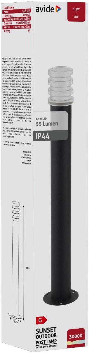 Avide Outdoor Post Lamp Sunset LED 1.5W WW 500mm IP44 Black