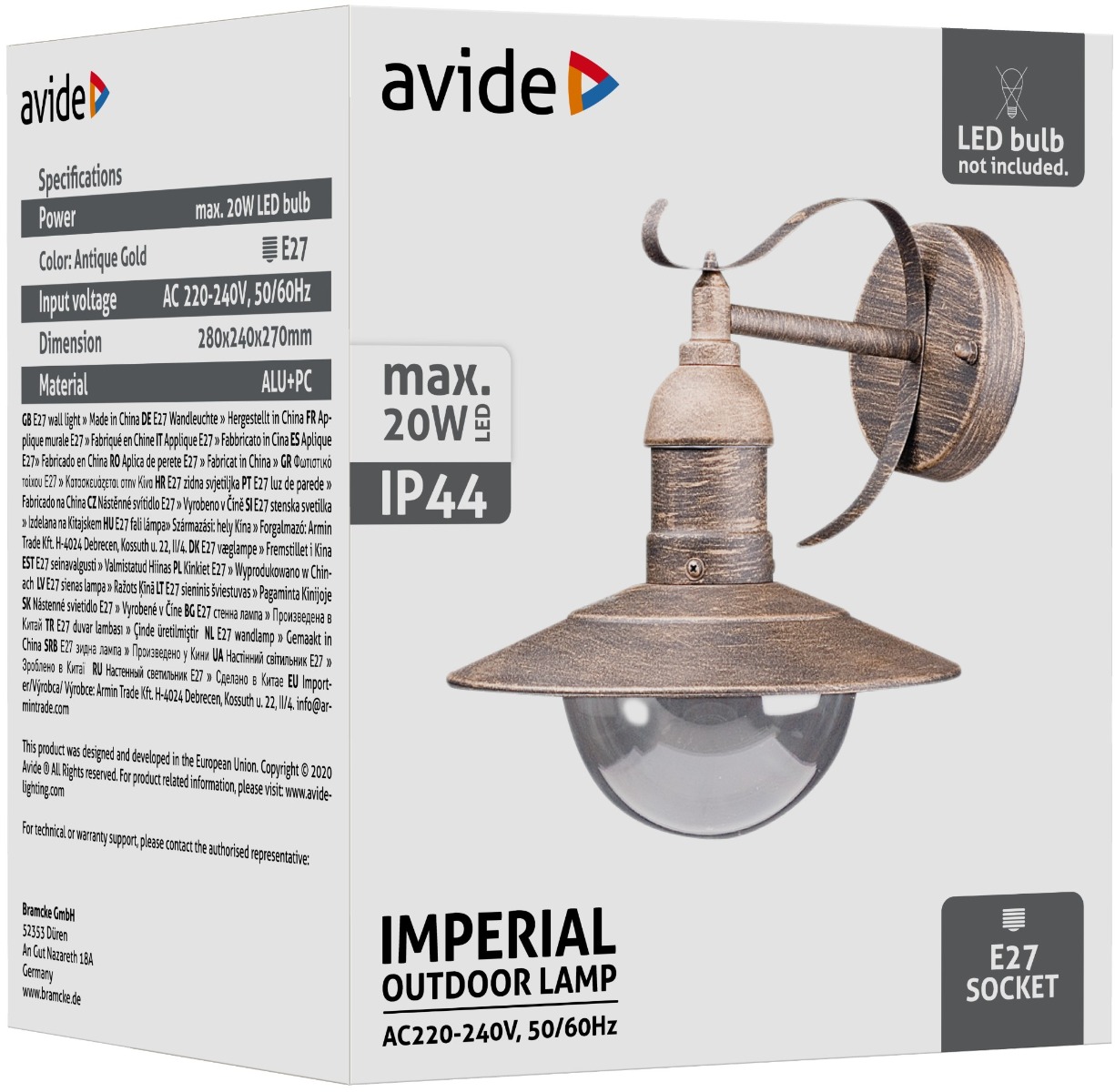 Avide Εξωτερικό Φωτιστικό Τοίχου Imperial 1xE27 IP44 Αντίκα Χρυσό