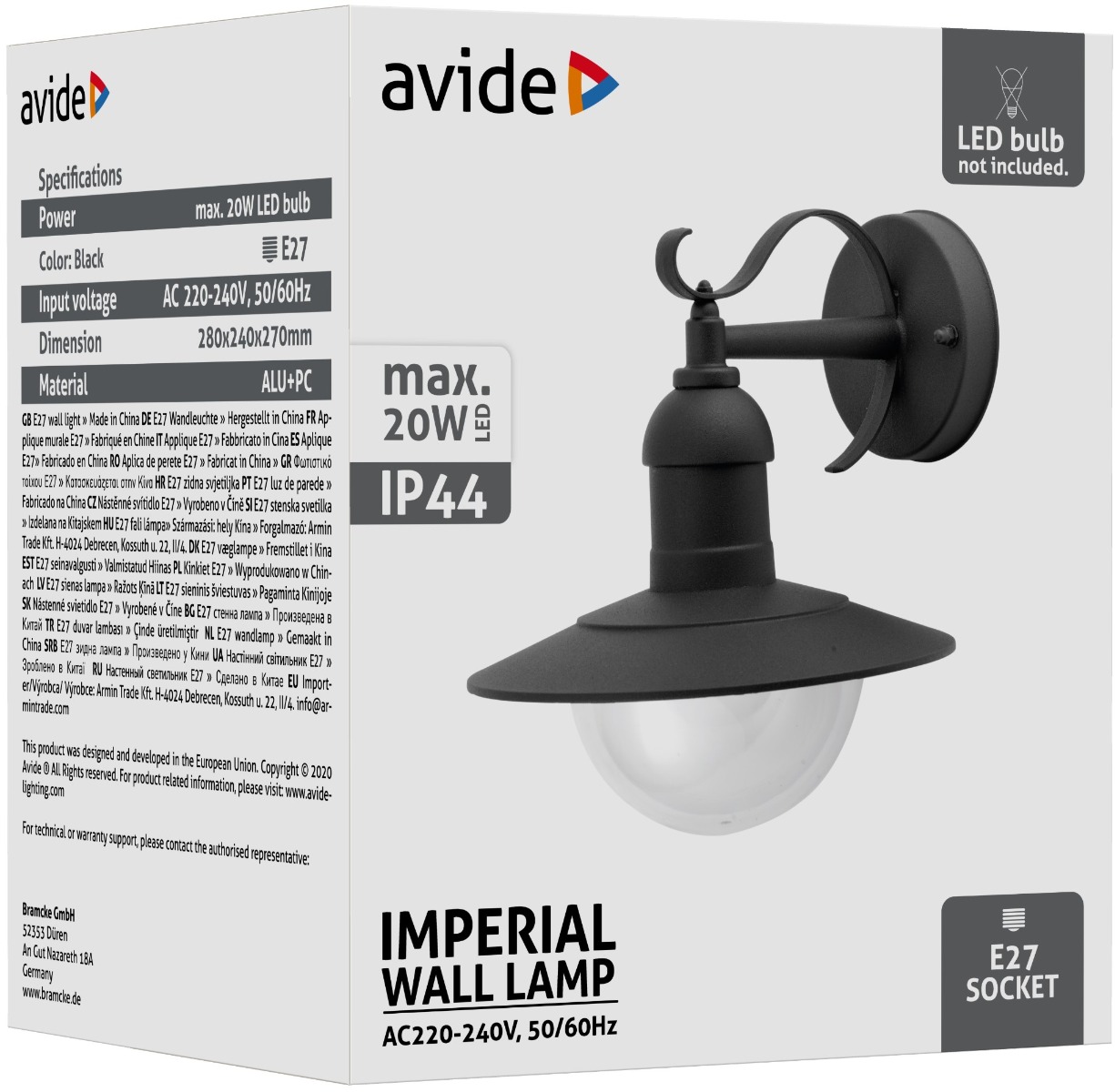 Avide Εξωτερικό Φωτιστικό Τοίχου Imperial 1xE27 IP44 Μαύρο