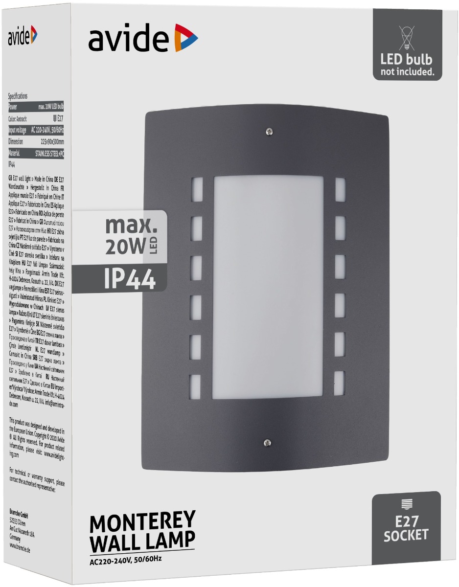 Avide Outdoor Wall Lamp Monterey 1xE27 IP44 Antracit
