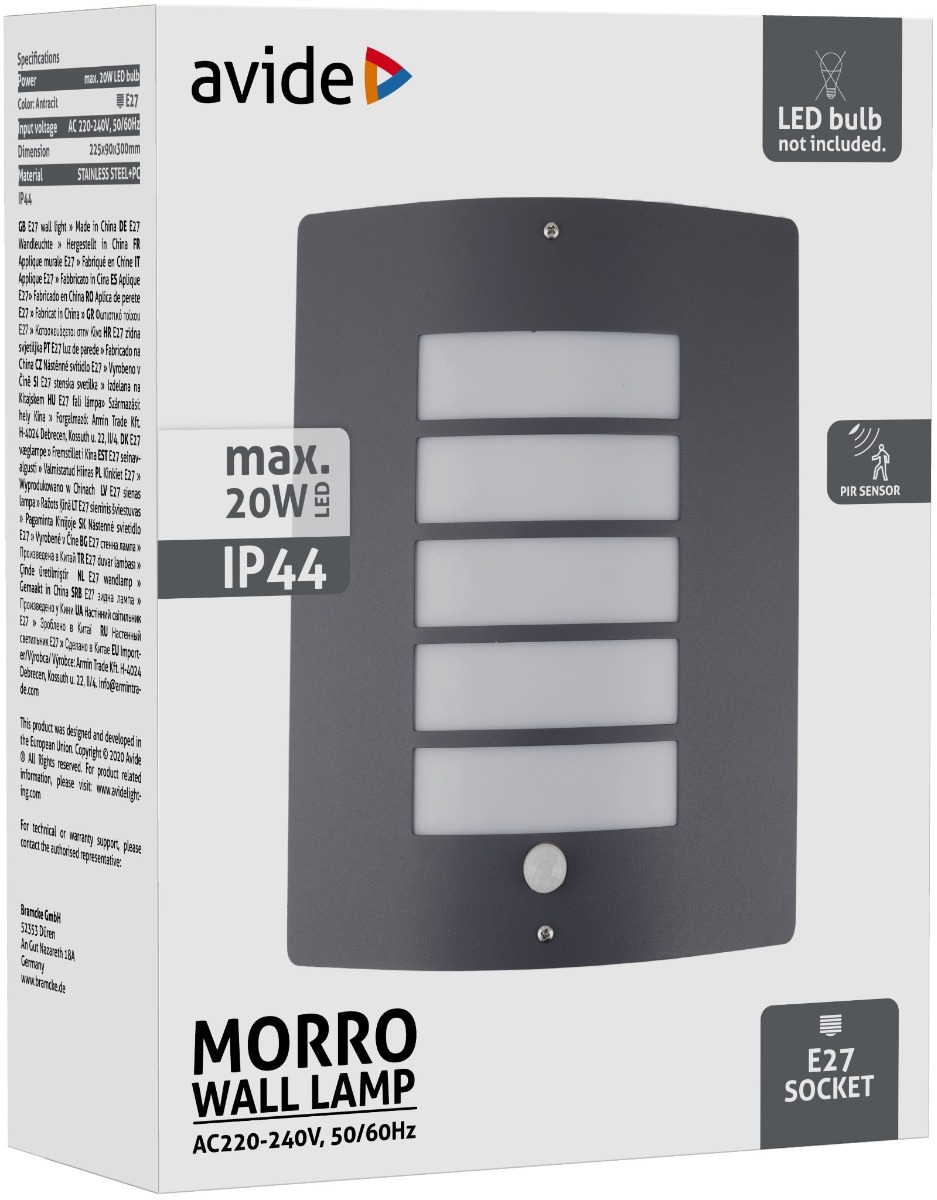 Avide Outdoor Wall Lamp Morro 1xE27 PIR IP44 Antracit