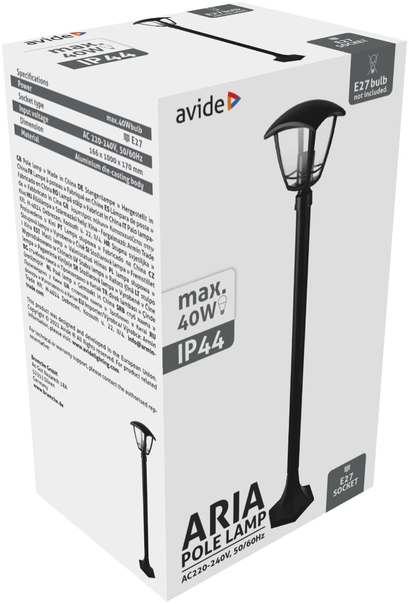 Avide Εξωτερικό Φωτιστικό Κολώνα Aria 100cm 1xE27 IP44 Μαύρο
