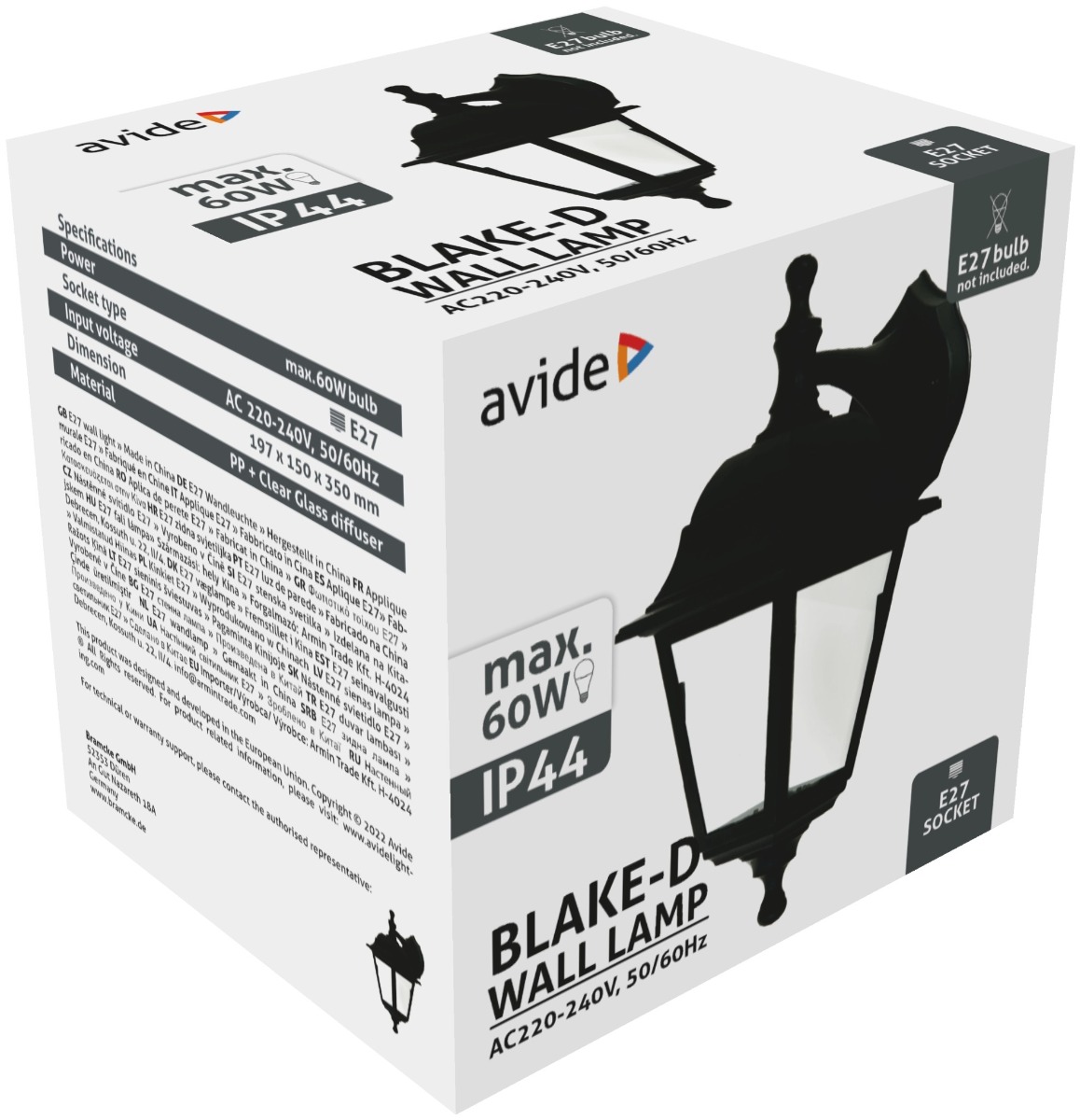 Avide Εξωτερικό Φωτιστικό Τοίχου Blake-D 1xE27 IP44 Μαύρο