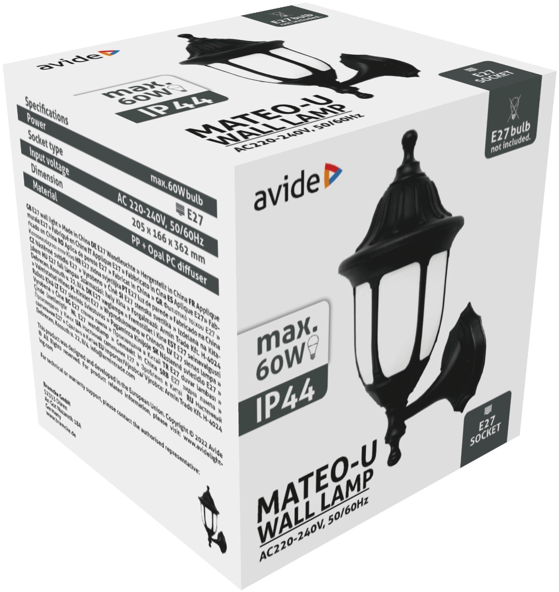 Avide Εξωτερικό Φωτιστικό Τοίχου Mateo-U 1xE27 IP44 Μαύρο