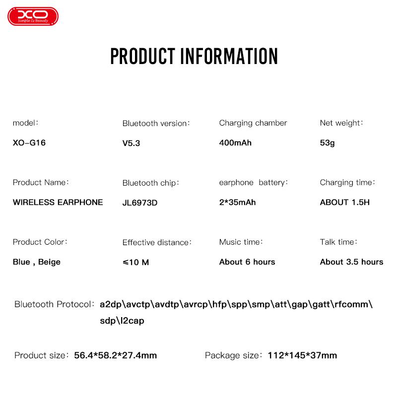 XO G16 Blue Linglong dual-mic ENC call noise reduction TWS Bluetooth headset