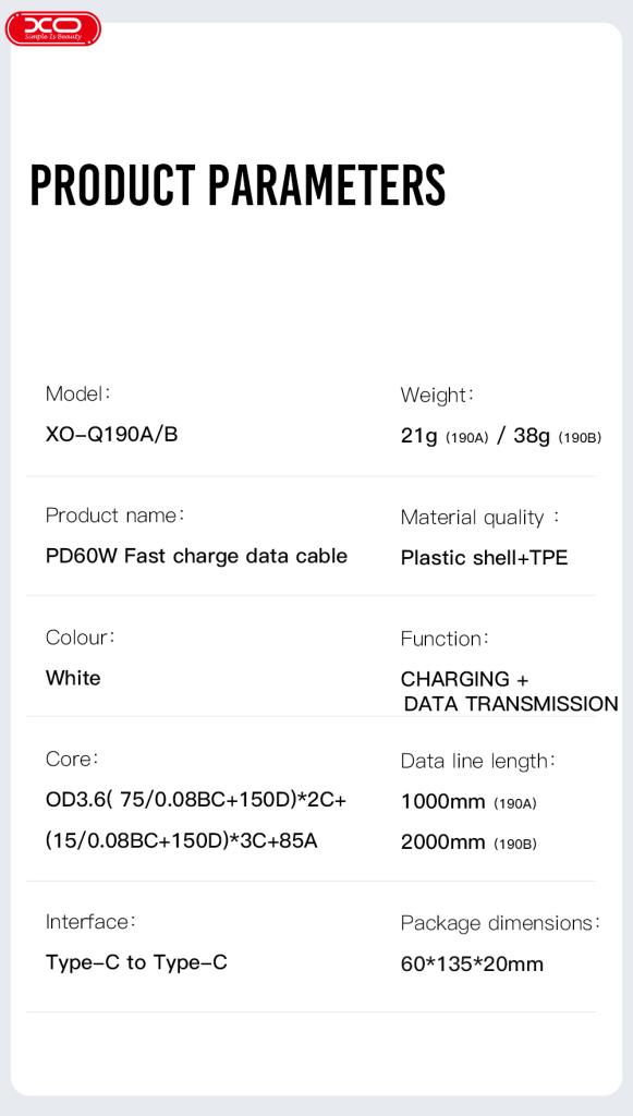 XO NB-Q190B 60W Charger Cable Type-C to Type-C 2m - Image 4