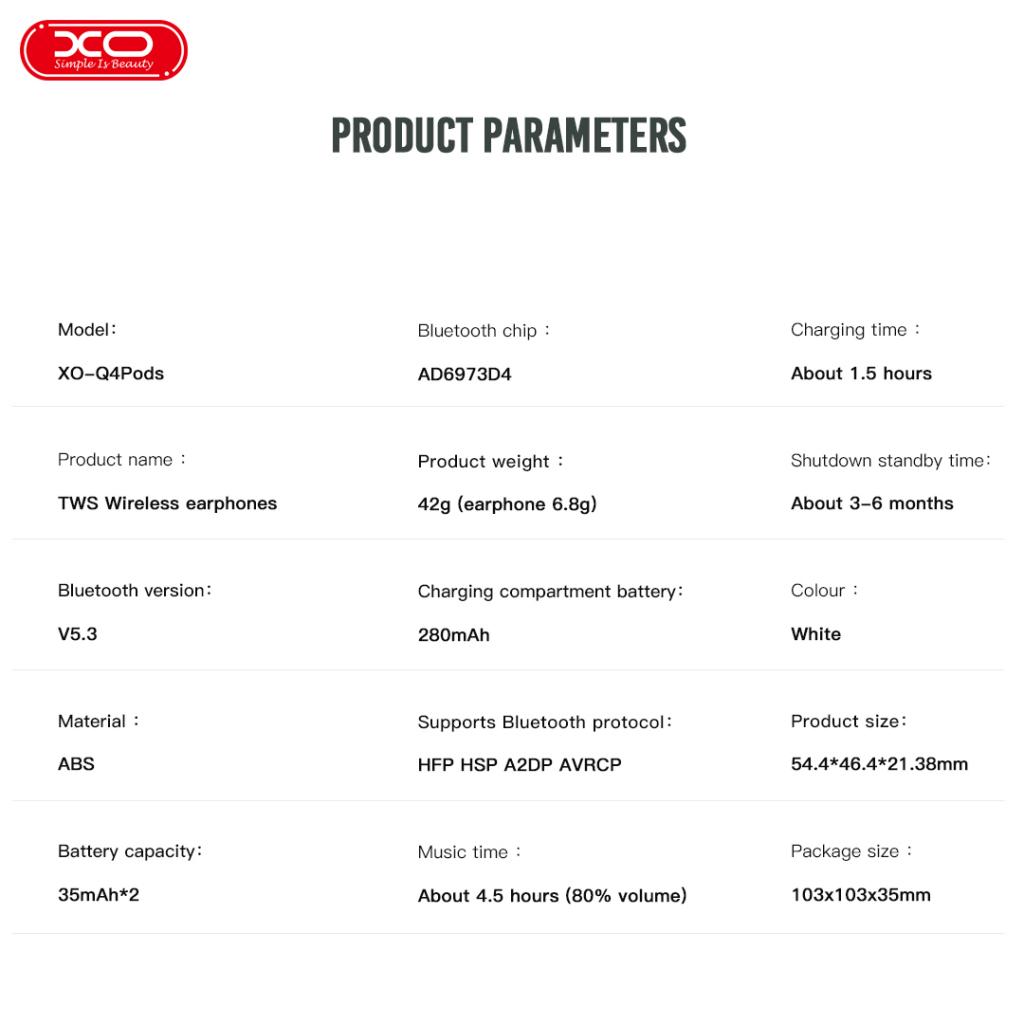 XO Q4 Pods Bluetooth headset (4th generation Full configuration with ear Sensor and wireless charging function) - Image 2