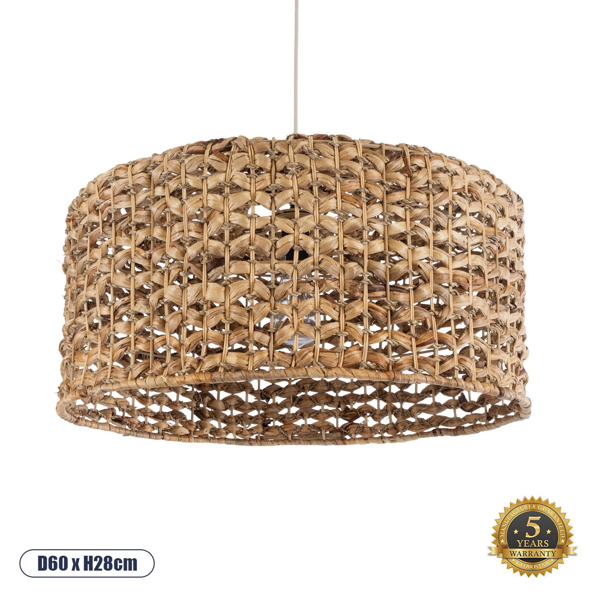 GloboStar® MARIGOLD 01849 Boho Κρεμαστό Φωτιστικό Οροφής Μονόφωτο 1 x E27 AC220-240V IP20 - Φ60 x Υ28cm - Καφέ Ξύλινο Μπαμπού Πλέγμα Καμπάνα - 5 Χρόνια Εγγύηση