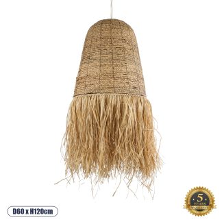 GloboStar® NEPAL 02190 Boho Κρεμαστό Φωτιστικό Οροφής Μονόφωτο 1 x E27 AC220-240V IP20 - Φ60 x Υ120cm - Μπεζ Φυσική Ράφια Νήμα Πλέγμα Καμπάνα - 5 Χρόνια Εγγύηση