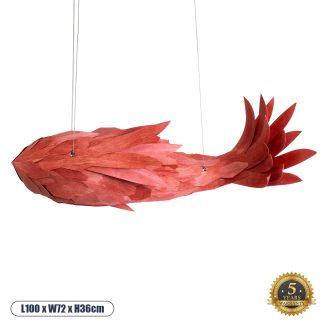 GloboStar® AROWANA 02361 Boho Κρεμαστό Φωτιστικό Οροφής Μονόφωτο 1 x E27 AC220-240V IP20 - Μ100 x Π72 x Υ36cm - Κόκκινο Λεπτό Φύλλο Ξύλου Πλέγμα - 5 Χρόνια Εγγύηση