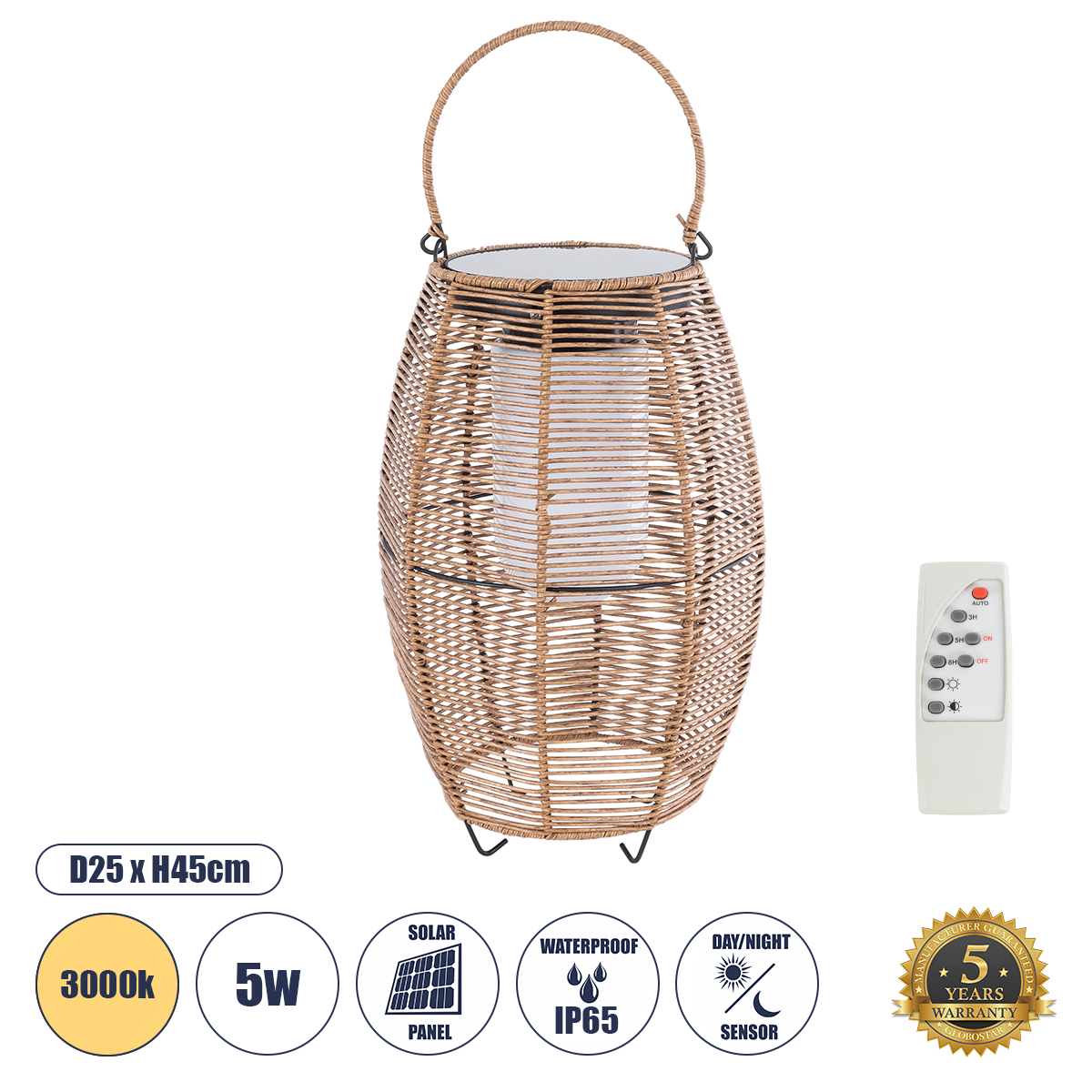 GloboStar® HESPELER 02305 Boho Αυτόνομο Ηλιακό Κρεμαστό/Επιτραπέζιο Φωτιστικό Φαναράκι LED SMD 5W 200lm - Φ25 x Υ45cm - με Ενσωματωμένη Μπαταρία 600mAh - Φωτοβολταϊκό Πάνελ και Αισθητήρα Ημέρας-Νύχτας με Ασύρματο Χειριστήριο IR Μπεζ Μπαμπού Αδιάβροχο IP65 Θερμό Λευκό 3000K - 5 Χρόνια Εγγύηση
