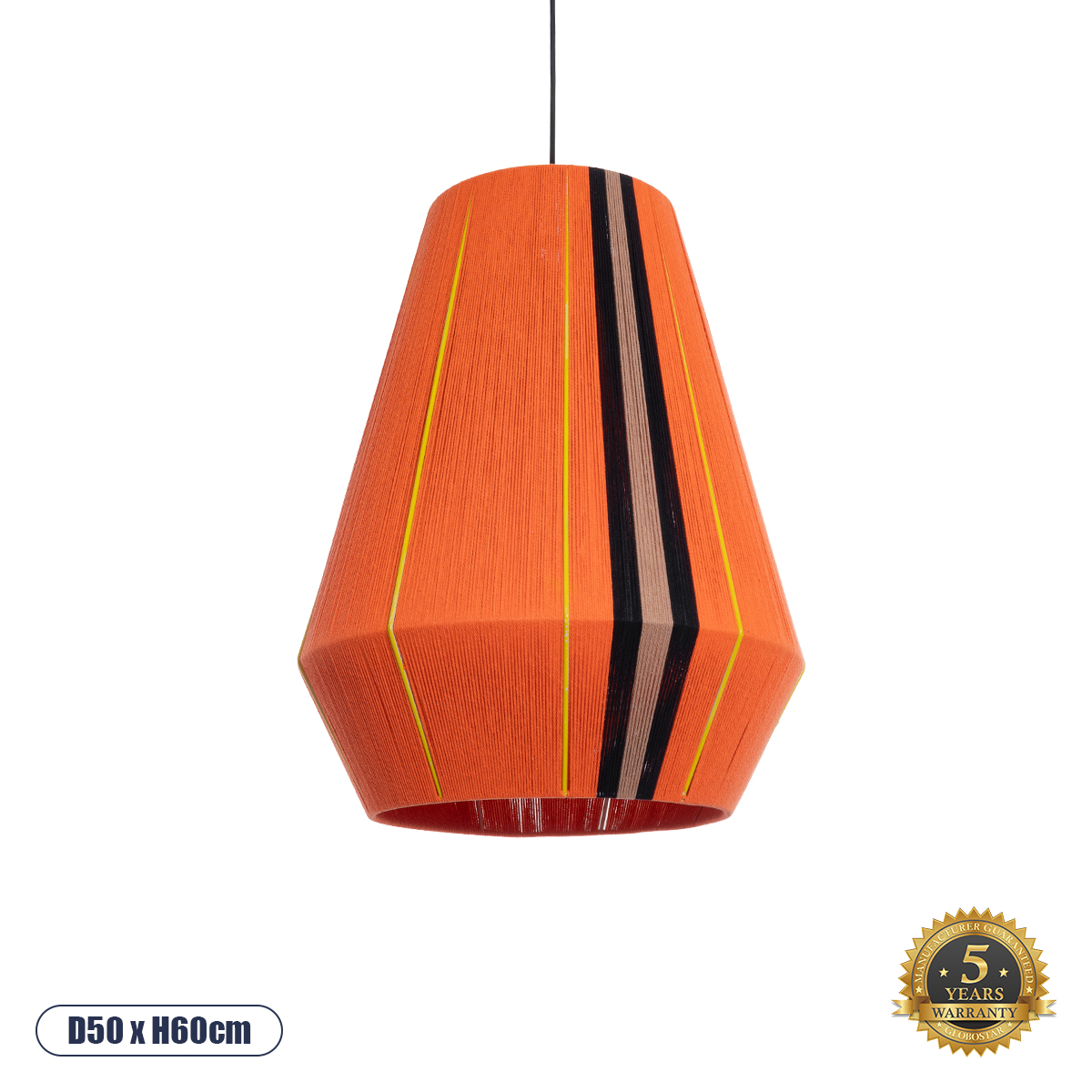 GloboStar® HABANA 02337 Boho Κρεμαστό Φωτιστικό Οροφής Μονόφωτο 1 x E27 AC220-240V IP20 - Φ50 x Υ60cm - Πορτοκαλί με Μαύρο και Καφέ με Κίτρινες Λεπτομέριες Λεπτό Νήμα Βαμβακερό Πλέγμα - 5 Χρόνια Εγγύηση