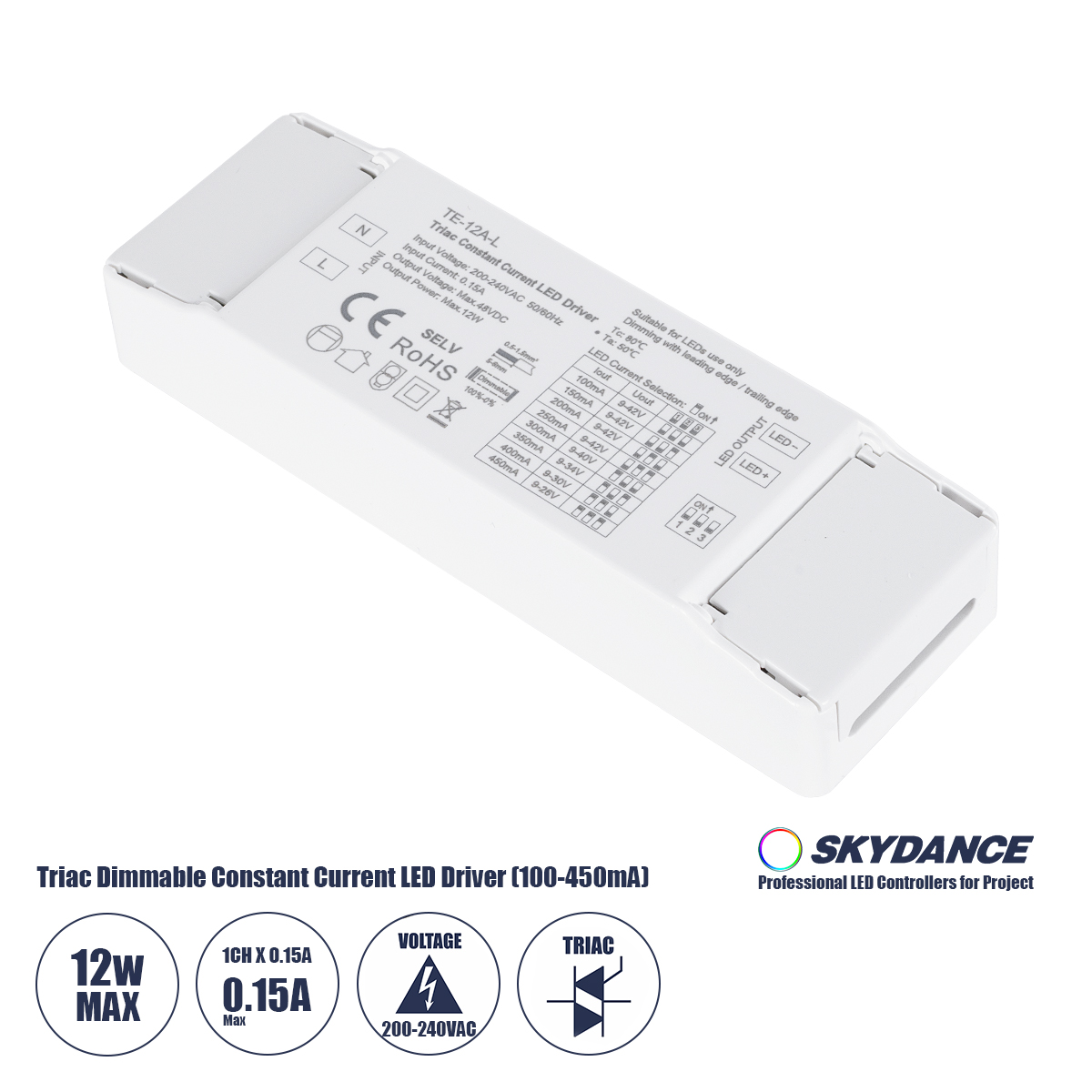 GloboStar® 73132 TE-12A-L SKYDANCE AC Triac Dimmable Constant Current LED Driver 1 Κανάλι AC 200-240V 1 x 0.15A 12W - Max 0.15A 12W - IP20 Μ11.1 x Π3.7 x Υ2cm - 5 Χρόνια Εγγύηση