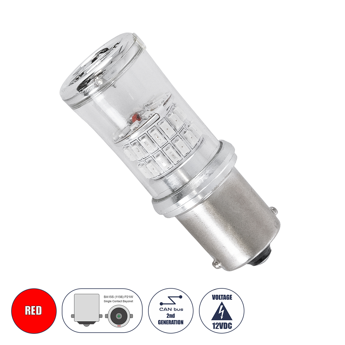GloboStar® 81227 Λάμπα Αυτοκινήτου & Μοτοσυκλέτας LED 1156 - BA15S - P21W 2rd Generation Can-Bus Series 48xSMD4014 3W 430lm 360° - DC 12-16V IP20 - Φ2 x Υ5cm - Κόκκινο - 2 Χρόνια Εγγύηση