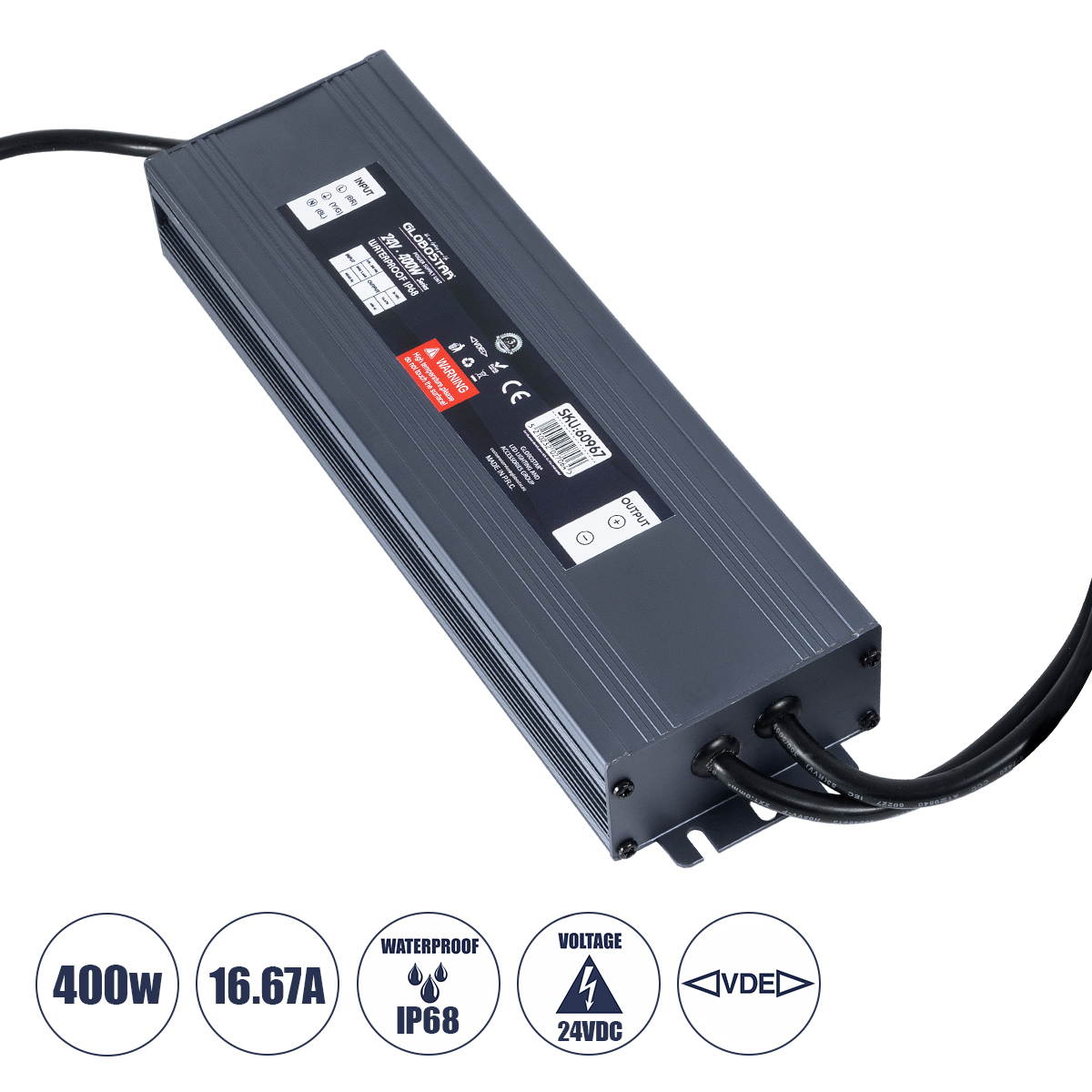 GloboStar® 60967 Αδιάβροχο Τροφοδοτικό SELV για Προϊόντα Φωτισμού LED 400W 16.67A - AC 220-240V σε DC 24V με 1.2m VDE Καλώδιο Παροχής & Εξόδου Τροφοδοσίας - Αδιάβροχο IP68 - M25.5 x W7.5 x H4cm - 3 Χρόνια Εγγύηση