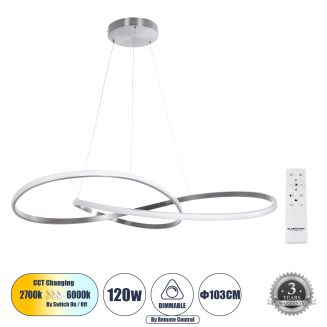 GloboStar® DEXTER 60919 Κρεμαστό Φωτιστικό Οροφής Design LED CCT 120W 13440lm 300° AC 220-240V - Εναλλαγή Φωτισμού μέσω Τηλεχειριστηρίου All In One Ψυχρό 6000k+Φυσικό 4500k+Θερμό 2700k Dimmable Φ103cm - Νίκελ Βούρτσας - 3 Years Warranty