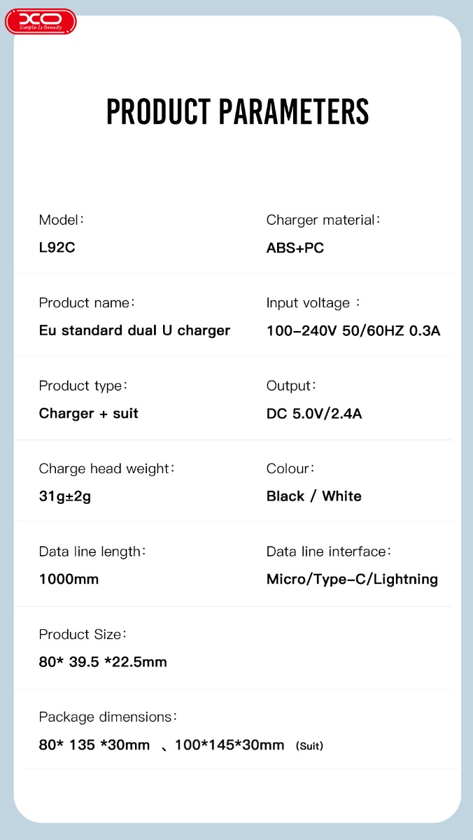 XO L92C EU Διπλός 2.4A Φορτιστής με Καλώδιο Type-c - Image 3