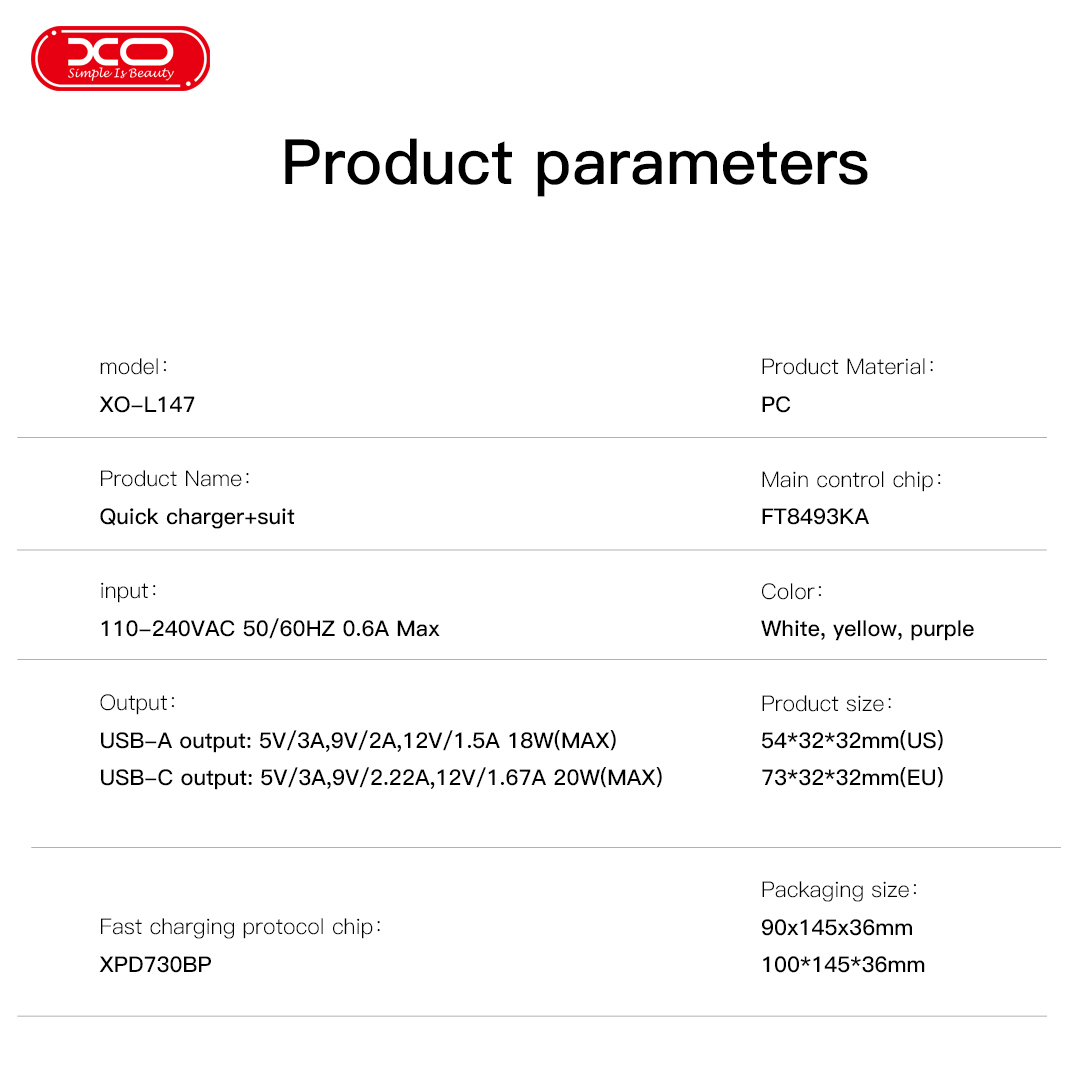 XO L147 (EU) Φορτιστής PD 1USB-A+1USB-C Λευκό - Image 3