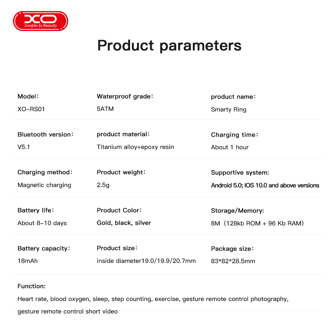 XO RS01 Smart Δαχτυλίδι Μέγεθος 10 Μαύρο - Image 5