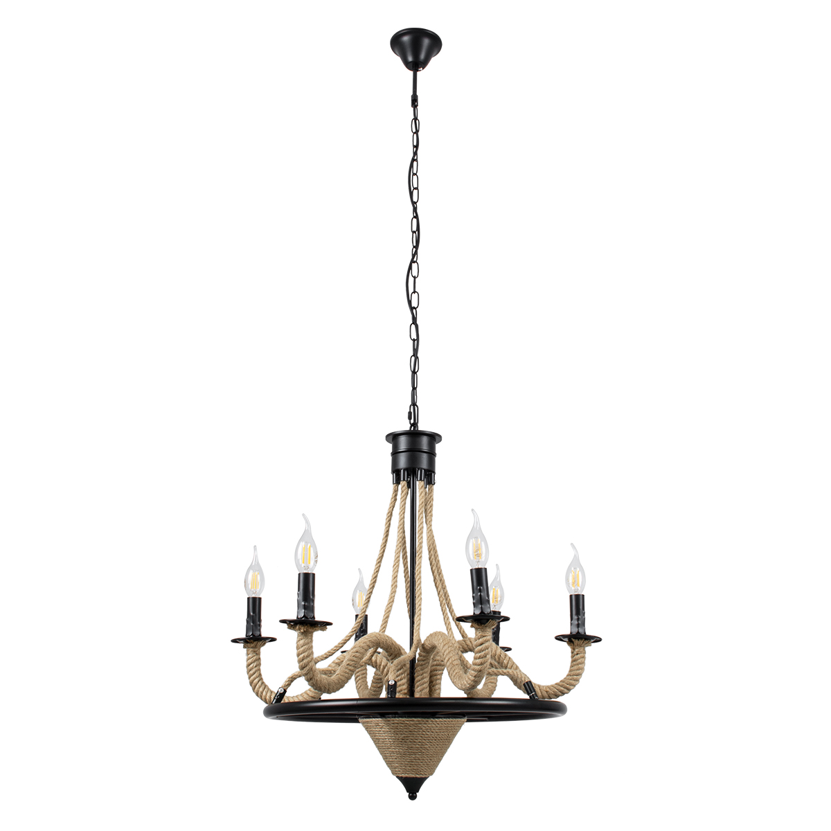 GloboStar® PENNSYLVANIA 00541 Vintage Κρεμαστό Φωτιστικό Ανάρτηση Πολύφωτο 6 x E14 IP20 Μαύρο Μέταλλο με Μπεζ Σχοινί - Μ64 x Π64 x Υ63cm - Image 4