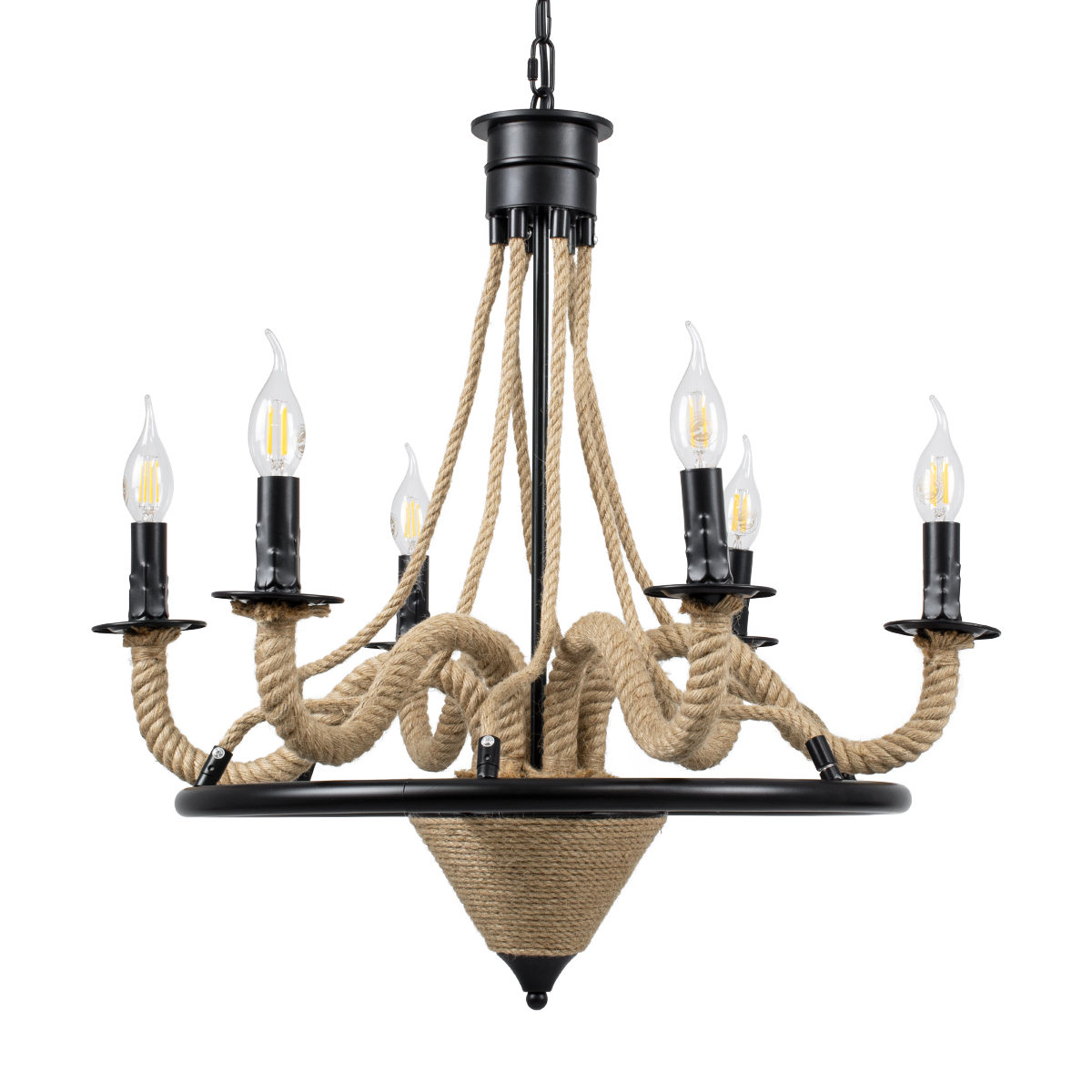 GloboStar® PENNSYLVANIA 00541 Vintage Κρεμαστό Φωτιστικό Ανάρτηση Πολύφωτο 6 x E14 IP20 Μαύρο Μέταλλο με Μπεζ Σχοινί - Μ64 x Π64 x Υ63cm - Image 5