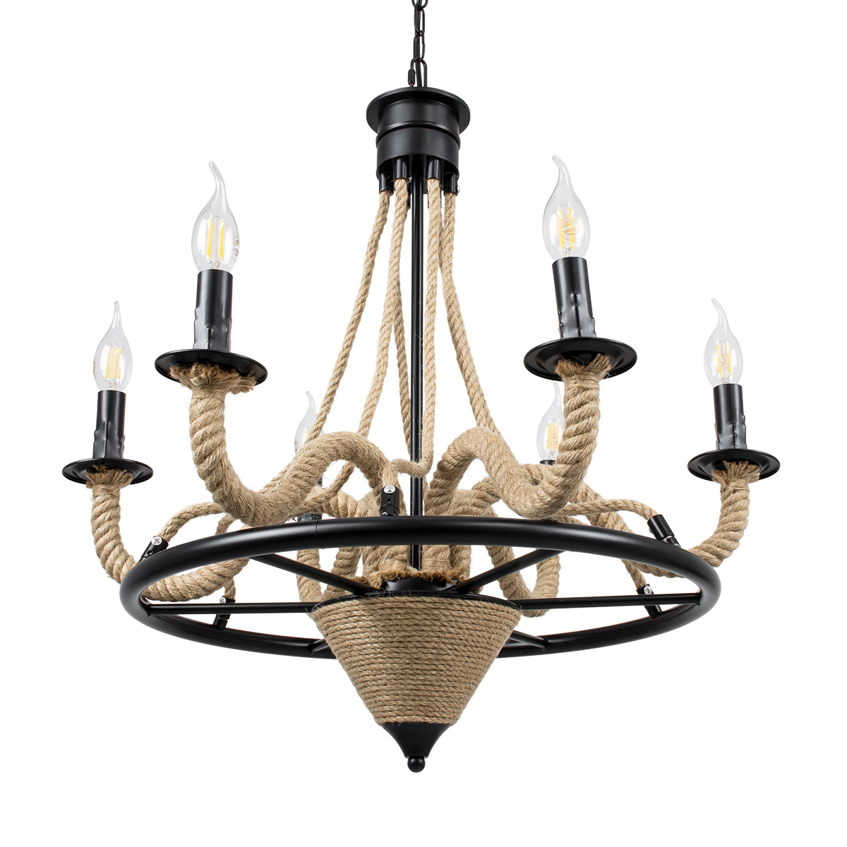 GloboStar® PENNSYLVANIA 00541 Vintage Κρεμαστό Φωτιστικό Ανάρτηση Πολύφωτο 6 x E14 IP20 Μαύρο Μέταλλο με Μπεζ Σχοινί - Μ64 x Π64 x Υ63cm - Image 6