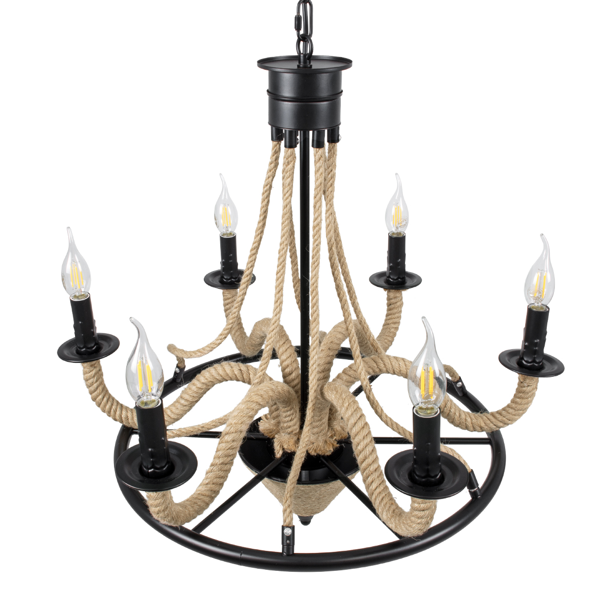 GloboStar® PENNSYLVANIA 00541 Vintage Κρεμαστό Φωτιστικό Ανάρτηση Πολύφωτο 6 x E14 IP20 Μαύρο Μέταλλο με Μπεζ Σχοινί - Μ64 x Π64 x Υ63cm - Image 7